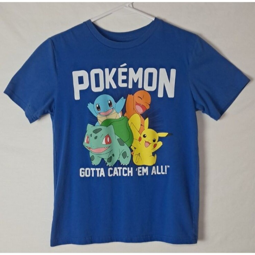 Pokemon Boys L  10/12 Shirt Blue Pikachu Squirtle Charmander Bulbasaur Catch Em